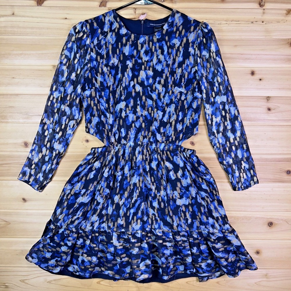 French Connection Dress Womens 4 Bodine Blue Long Sleeve Cutout Mini Dress